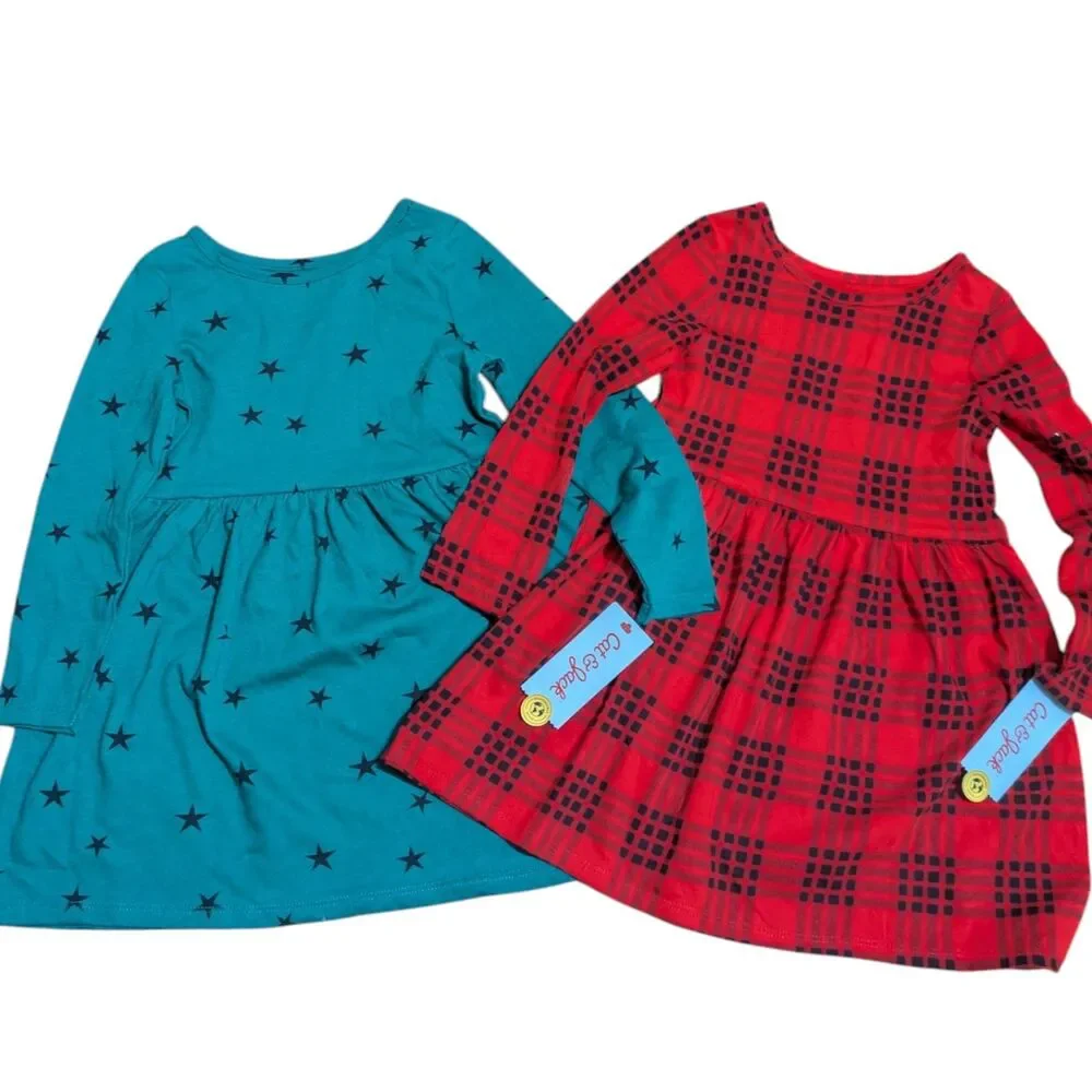 Cat & Jack Toddler Girls Dress Bundle Size 4T Red Plaid & Teal Star Long Sleeve